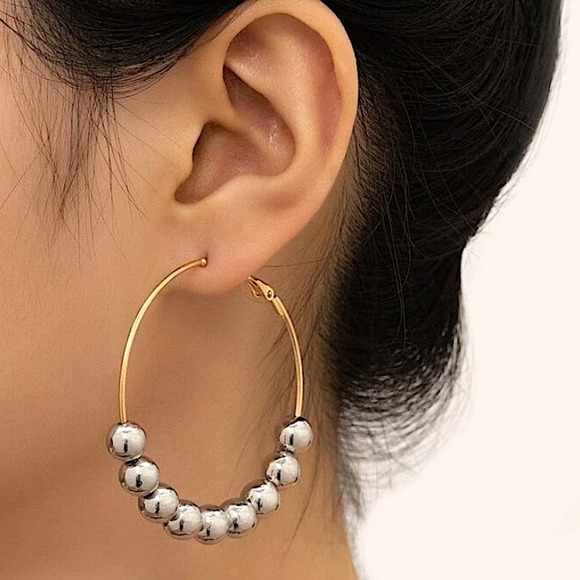 Gold Hoop Silver Ball Earrings, Oversized, Exaggerated, Drop, Dangle, Beaded - Picture 1 of 5